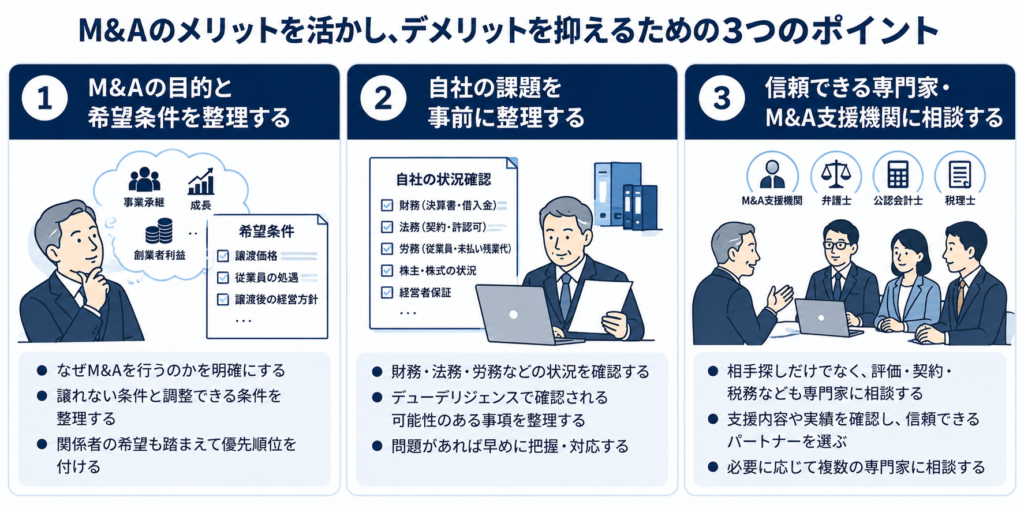 M&Aのメリットを活かし、デメリットを抑えるポイント3つのイラスト