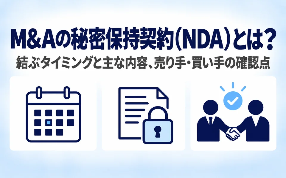 M&Aの秘密保持契約(NDA)とは?結ぶタイミングと主な内容、売り手・買い手の確認点。結ぶタイミング、主な内容、売り手・買い手の確認点を3つのアイコンで示した画像