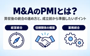 M&AのPMIとは?買収後の統合の進め方と、成立前から準備したいポイント。PMIで取り組む経営統合、信頼関係の構築、業務統合の3つの領域をアイコンで示した画像