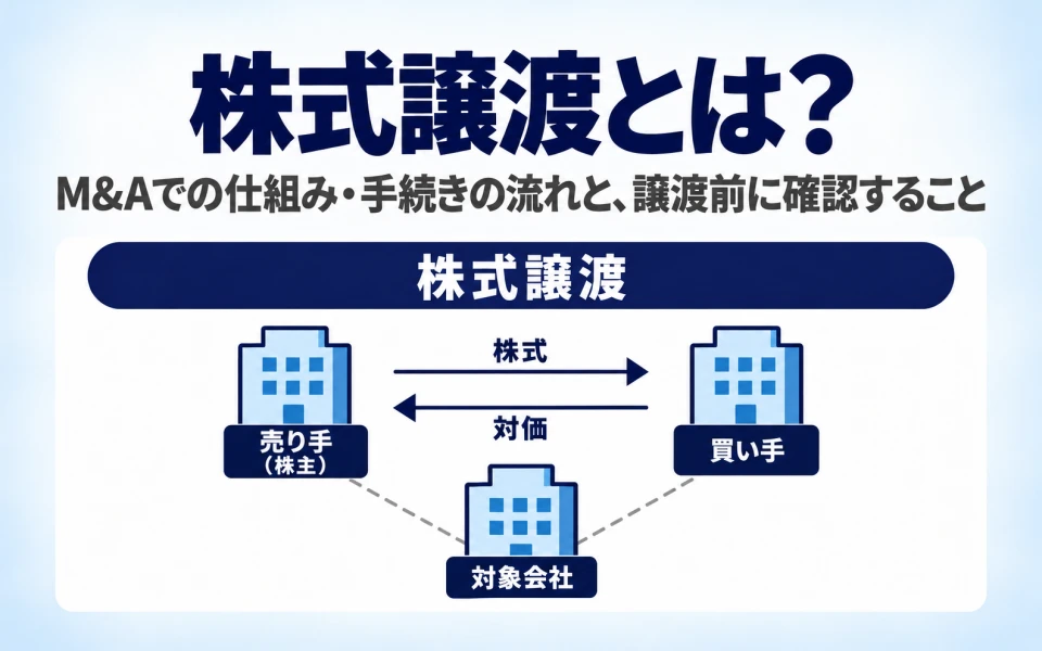 株式譲渡とは?M&Aでの仕組み・手続きの流れと、譲渡前に確認すること。売り手(株主)が買い手に株式を譲渡し、買い手が対価を支払い、対象会社はそのまま残る関係を示した画像