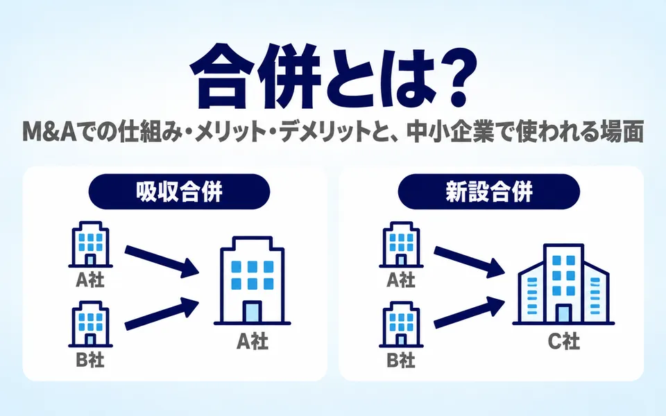 合併とは？M&Aでの仕組み・メリット・デメリットと、中小企業で使われる場面。吸収合併ではA社がB社を取り込んで残り、新設合併ではA社とB社が一つになって新しいC社ができる様子を、ビルのアイコンで比べた画像